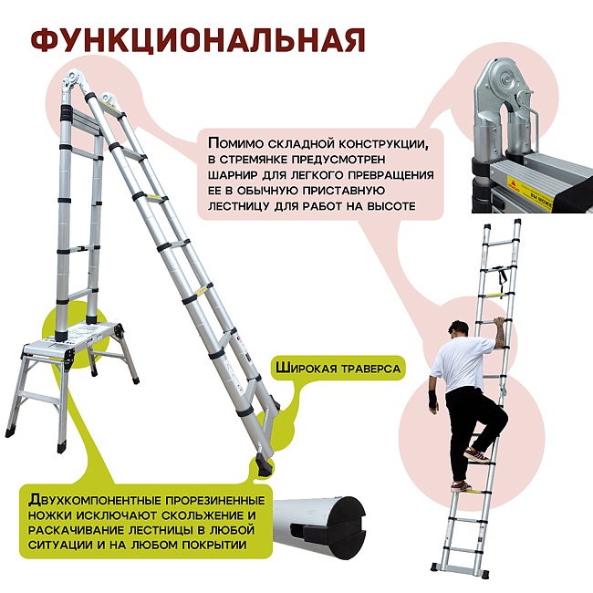 Лестница телескопическая двухсторонняя с шарниром Alumet DTLH 2,5+2,5 фото 4